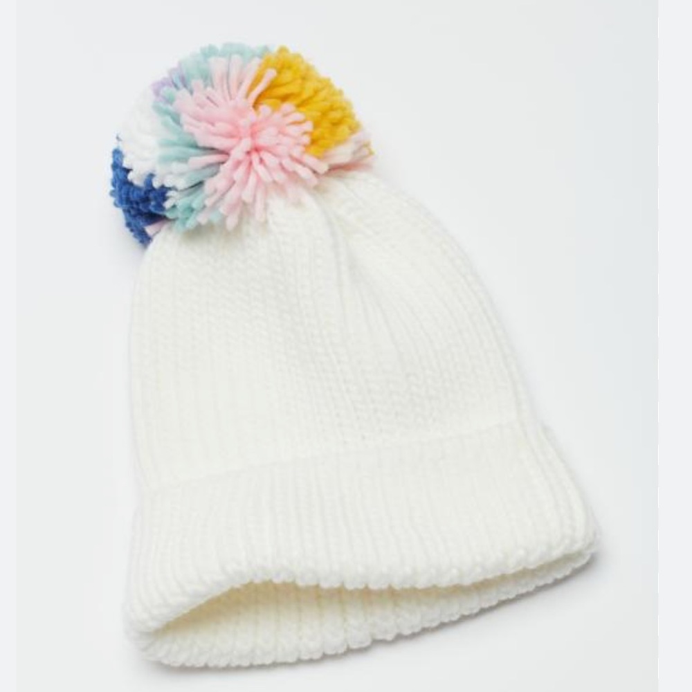 NWOT mixed yarn colorful Pom Pom white knit beanie winter hat